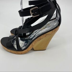 BCBG Ugina black leather semi wedge block heel